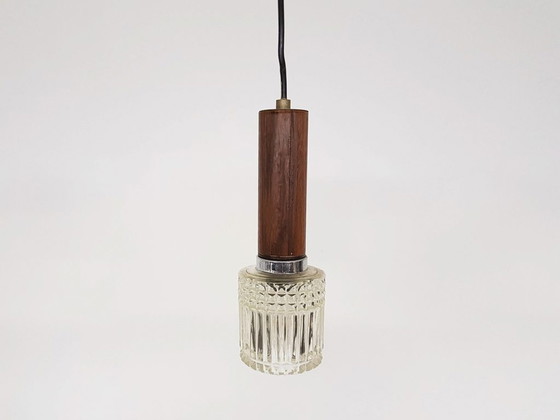 Image 1 of Small wood and glass pendant light