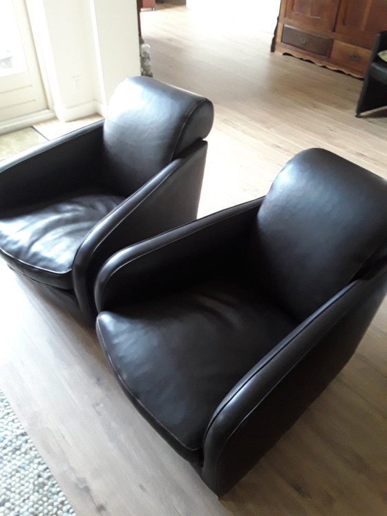 Image 1 of 2x Molinari We Not Armchairs Dark Brown Leather With Light Seam Topstitched