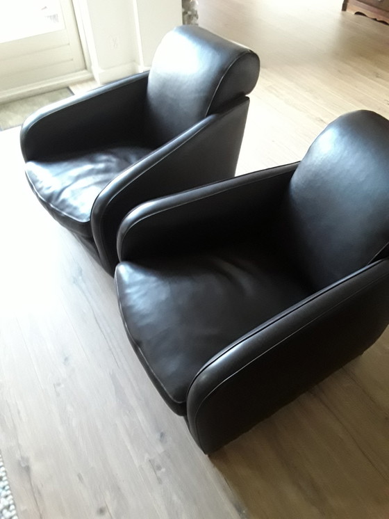 Image 1 of 2x Molinari We Not Armchairs Dark Brown Leather With Light Seam Topstitched