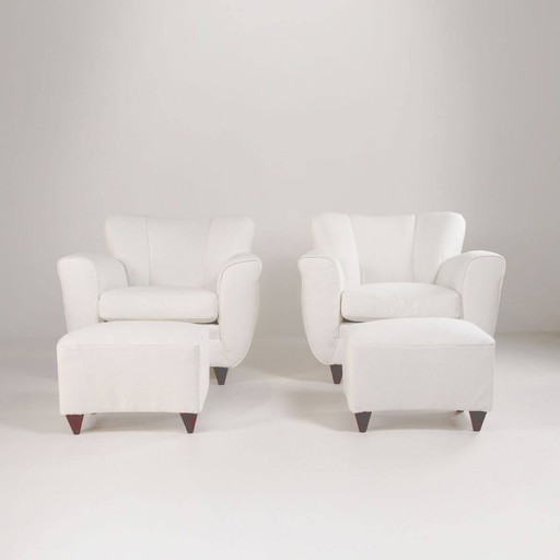2x Vintage Armchairs And Pair Of Poufs In White Fabric