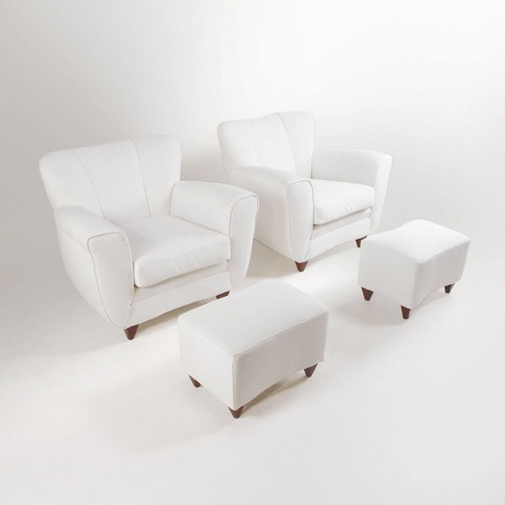 Image 1 of 2x Vintage Armchairs And Pair Of Poufs In White Fabric