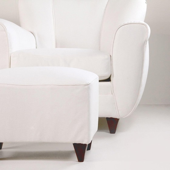 Image 1 of 2x Vintage Armchairs And Pair Of Poufs In White Fabric