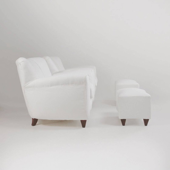 Image 1 of 2x Vintage Armchairs And Pair Of Poufs In White Fabric