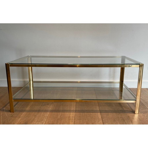 Vintage double-top coffee table in polished bronze and glass, 1970