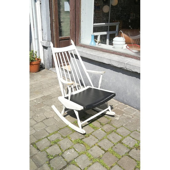 Image 1 of Vintage rocking chair in wood and dark blue imitation leather