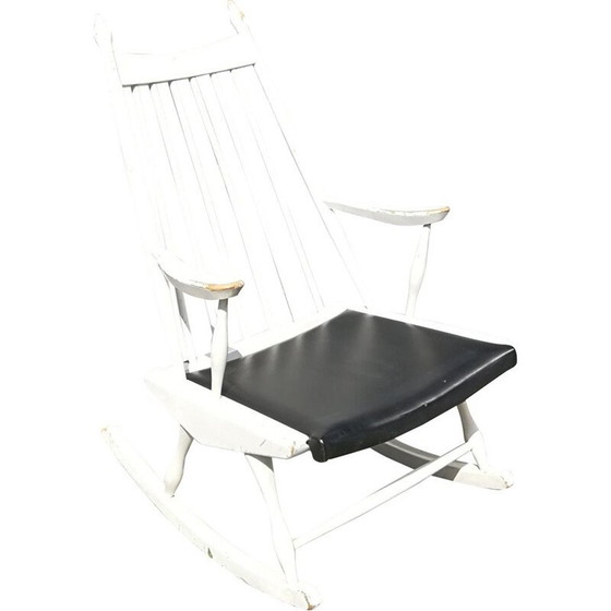 Image 1 of Vintage rocking chair in wood and dark blue imitation leather