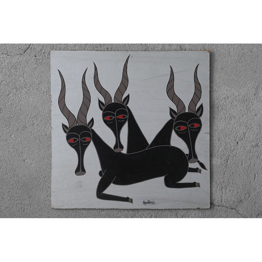 Pintura al óleo vintage de Salum Mussa, Tanzania, 1970