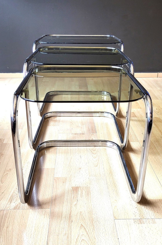 Image 1 of 3x Chromed Metal Nesting Tables