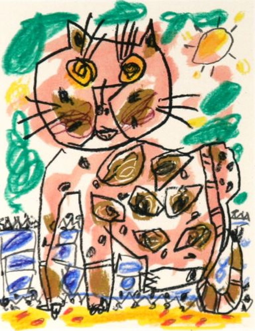Kees Salentijn - Kat groene lucht – lithos zeefdrukken, Paper, Modern