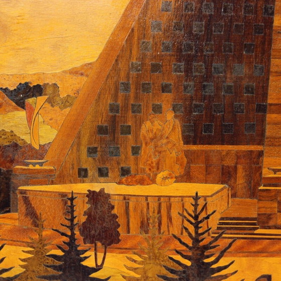 Image 1 of Vintage art work in inlaid wood veneer, Czechoslovakia 1950s