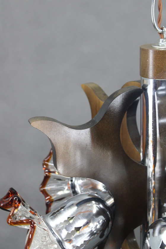 Image 1 of Lámpara de araña de los años 70 con pantallas de cristal de Murano, Italia