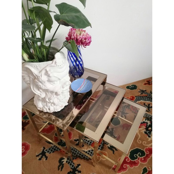 Image 1 of Set of 3 vintage brass and glass nesting tables, Italy 1970