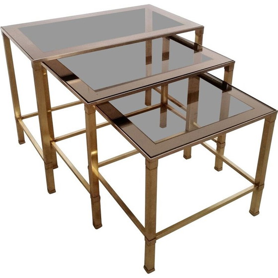 Image 1 of Set of 3 vintage brass and glass nesting tables, Italy 1970