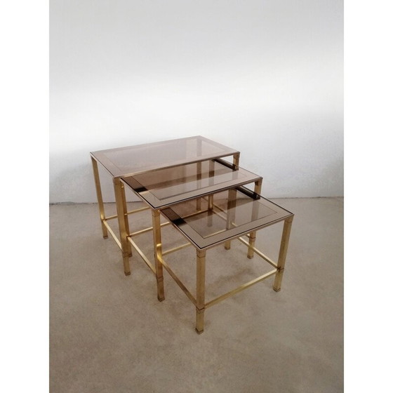 Image 1 of Set of 3 vintage brass and glass nesting tables, Italy 1970
