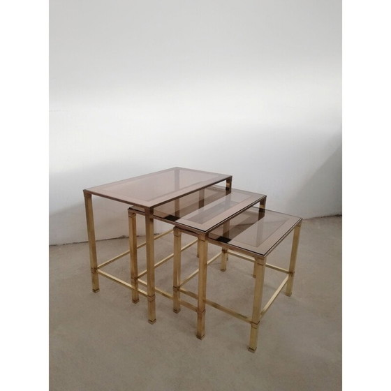 Image 1 of Set of 3 vintage brass and glass nesting tables, Italy 1970