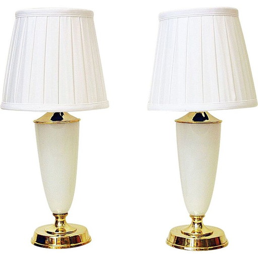 Pair of vintage opal glass and brass table lamps by Høvik, Norway 1956
