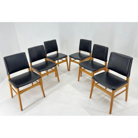 Image 1 of Set of 6 vintage leatherette and wood chairs, Czechoslovakia 1960s
