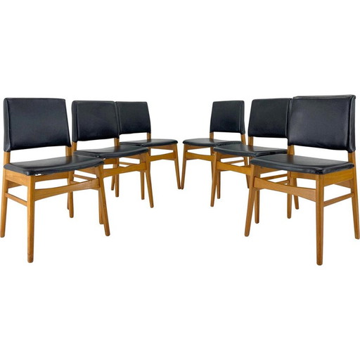 Set of 6 vintage leatherette and wood chairs, Czechoslovakia 1960s