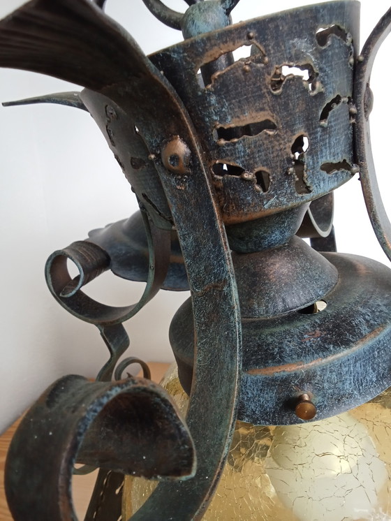 Image 1 of Brutalist Wrought Iron Craquele Yellow Glass Round Ceiling Lamp/ Also Porch Lamp Ceiling