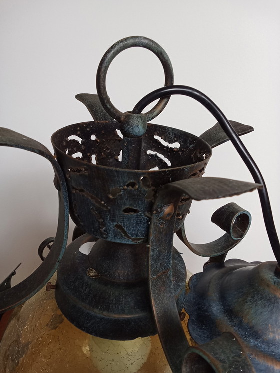 Image 1 of Brutalist Wrought Iron Craquele Yellow Glass Round Ceiling Lamp/ Also Porch Lamp Ceiling