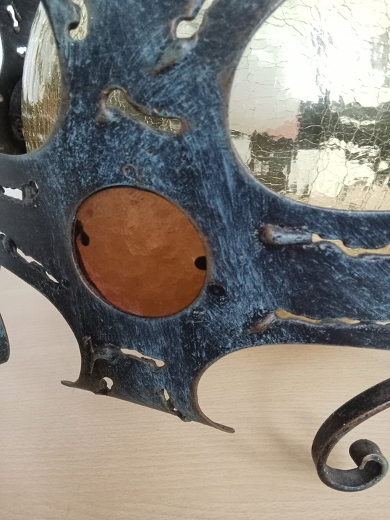 Image 1 of Brutalist Wrought Iron Craquele Yellow Glass Round Ceiling Lamp/ Also Porch Lamp Ceiling