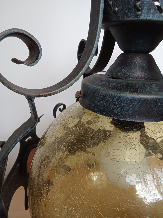 Image 1 of Brutalist Wrought Iron Craquele Yellow Glass Round Ceiling Lamp/ Also Porch Lamp Ceiling