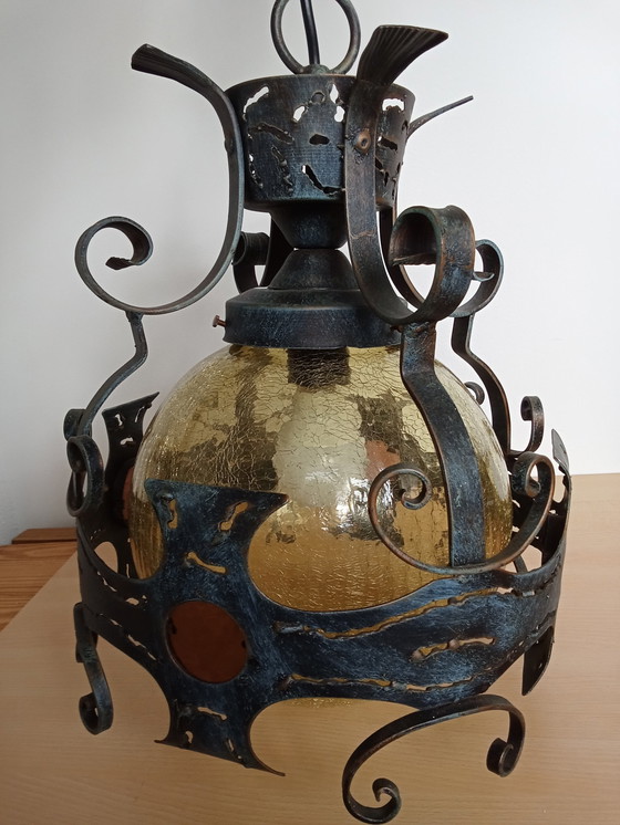 Image 1 of Brutalist Wrought Iron Craquele Yellow Glass Round Ceiling Lamp/ Also Porch Lamp Ceiling