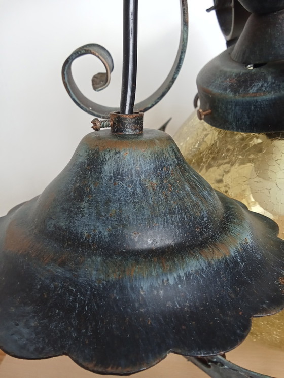 Image 1 of Brutalist Wrought Iron Craquele Yellow Glass Round Ceiling Lamp/ Also Porch Lamp Ceiling