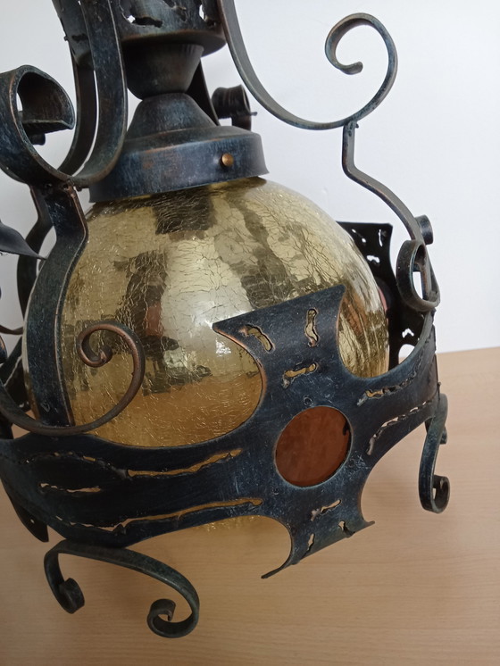 Image 1 of Brutalist Wrought Iron Craquele Yellow Glass Round Ceiling Lamp/ Also Porch Lamp Ceiling