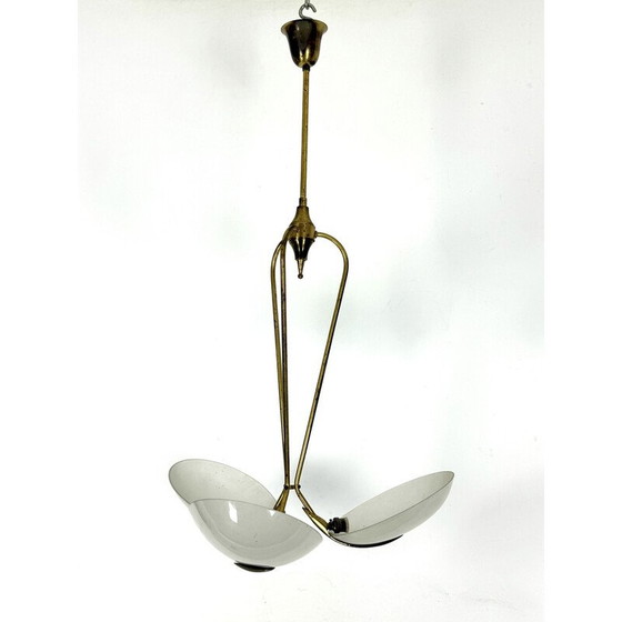 Image 1 of Vintage chandelier in brass and curved glass, Italy 1950