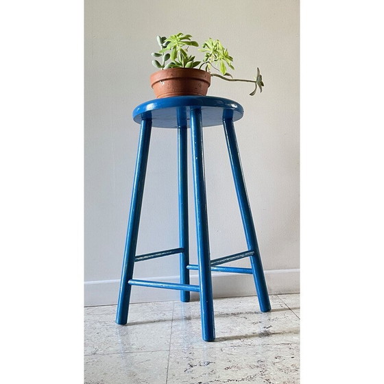 Image 1 of Vintage stool in electric blue lacquered wood