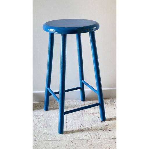 Vintage stool in electric blue lacquered wood
