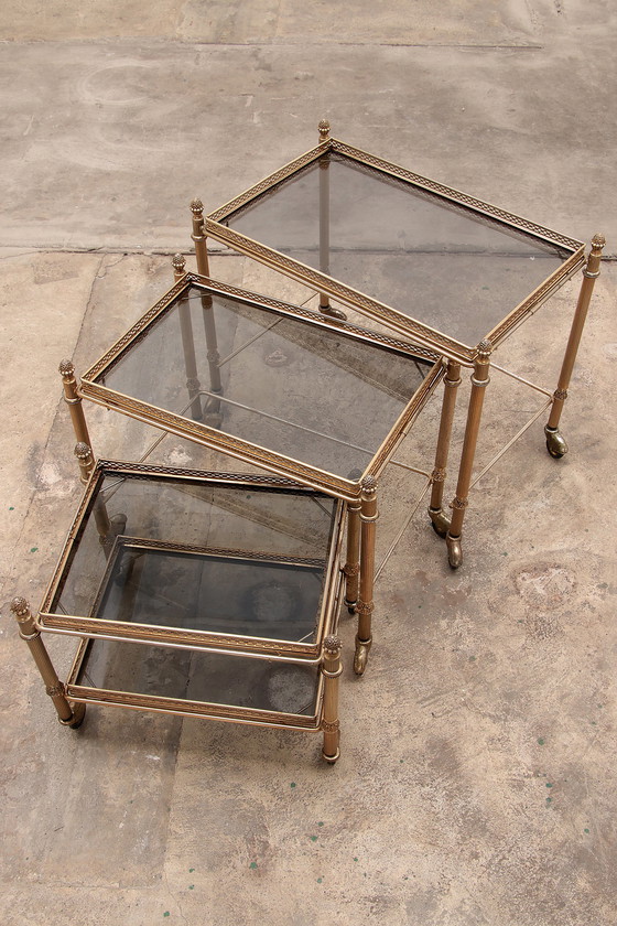 Image 1 of Trolley s three tables with smoke glass made in the 50s in France.