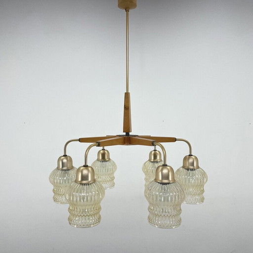 Vintage chandelier in wood and glass, Czechoslovakia 1970s