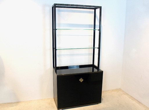Pierre Vandel Paris Black Lacquered French Cabinet with Shelving Display