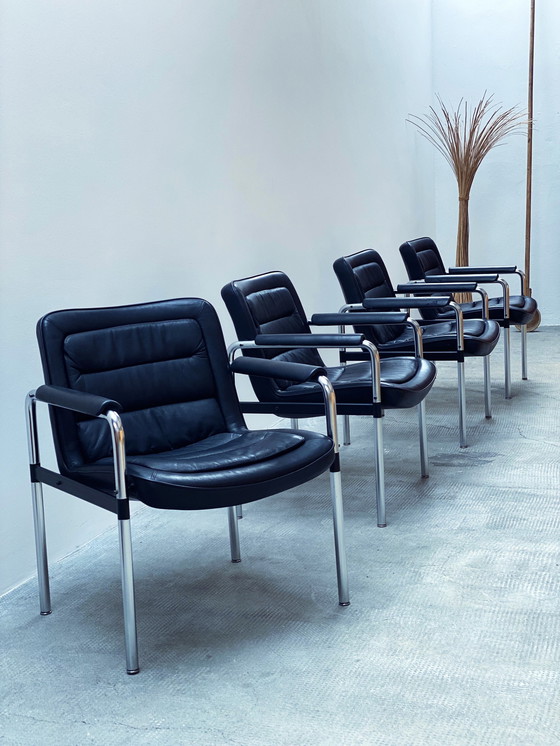 Image 1 of 4X Jorgen Kastholm For Kusch & Co. Conference Chairs Armchair Leather Black Chrome 1970Er