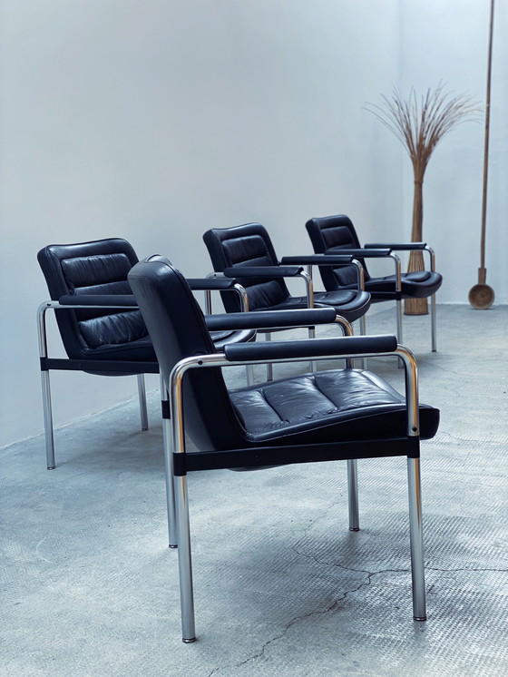 Image 1 of 4X Jorgen Kastholm For Kusch & Co. Conference Chairs Armchair Leather Black Chrome 1970Er