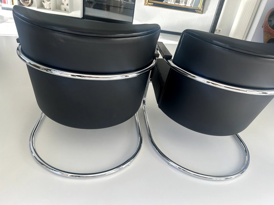 Image 1 of 2X Jan Des Bouvrie Armchair With High Gloss Chrome Frame. Armrests Upholstered With Wenge . Design Jan Des Bouvrie.