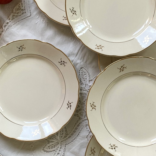 Set Of 6 Plates Antique Earthenware Beige And Gilded With Flowers Villeroy Et Boch