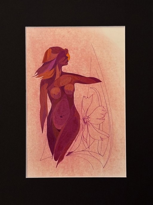 Eugene Eechaut ( 1928-2019 ) Magnifique Peinture À La Gouache Femme Nue Abstraite / Galerie Pfeiffer Bruxelles