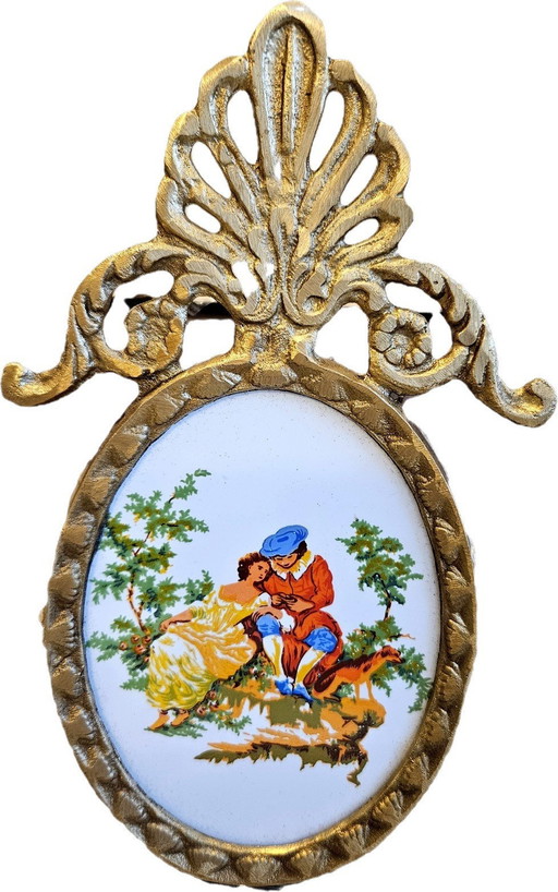 Vintage Hand Painted Lovers Porcelain Painting With Brass Frame Crown From Egypt