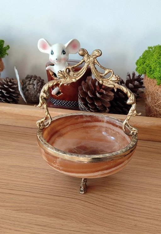 Antique Polished Marbled Stone Bowl Set In Gold Metal