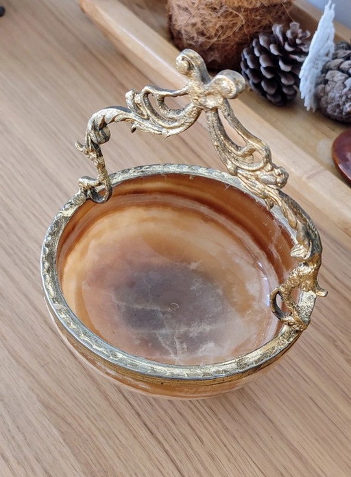 Antique Polished Marbled Stone Bowl Set In Gold Metal