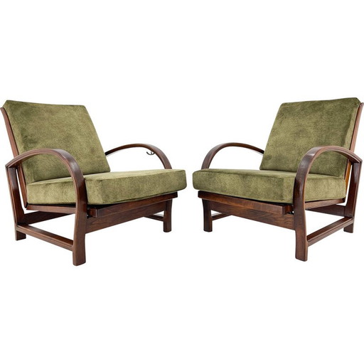 Pair of vintage Art Deco adjustable wooden armchairs, 1930s