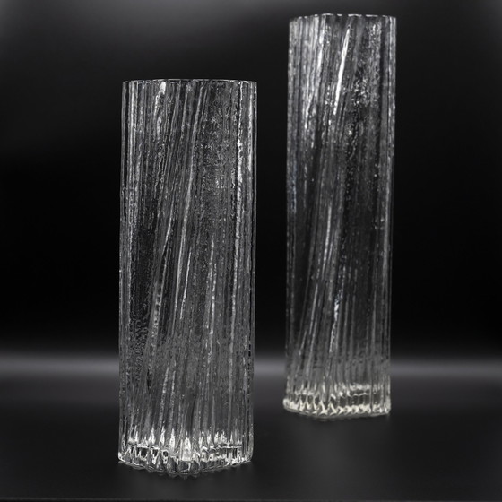 Image 1 of Rosenthal Martin Freyer Brutalist Arktis Glass Vase DUO "Glasstruktur" 33cm+41cm