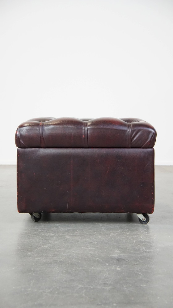 Image 1 of Red Beef Leather Chesterfield Hocker On Wheels