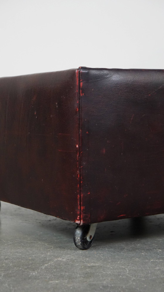 Image 1 of Red Beef Leather Chesterfield Hocker On Wheels