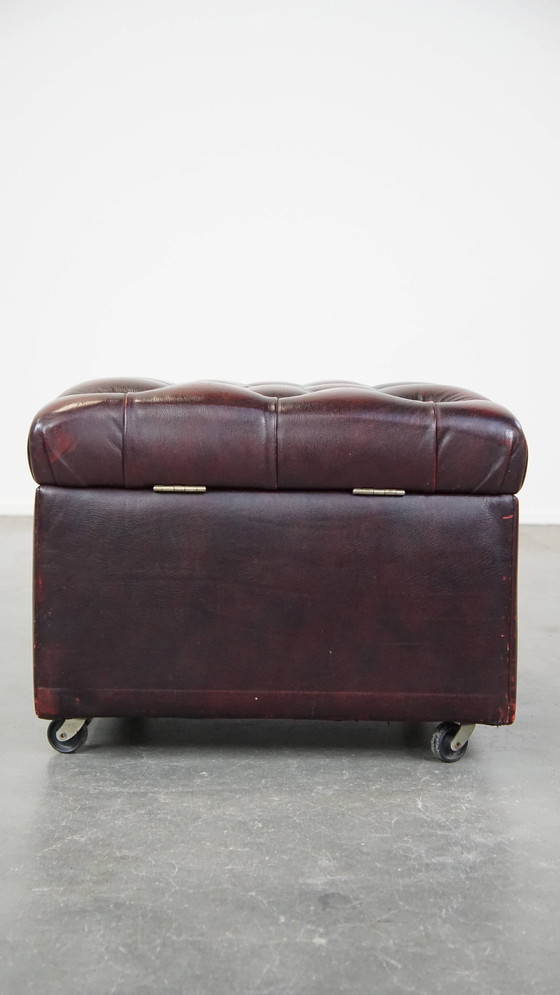 Image 1 of Red Beef Leather Chesterfield Hocker On Wheels