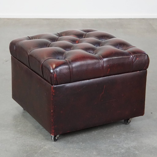 Red Beef Leather Chesterfield Hocker On Wheels