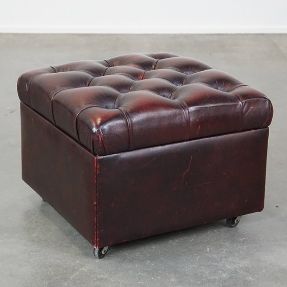 Image 1 of Red Beef Leather Chesterfield Hocker On Wheels